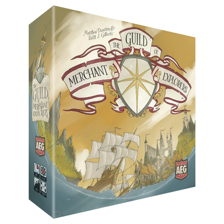 The Guild of Merchant Explorers - The Guild of Merchant Explorers board game box featuring a ship sailing toward a medieval city under a cloudy sky with a.