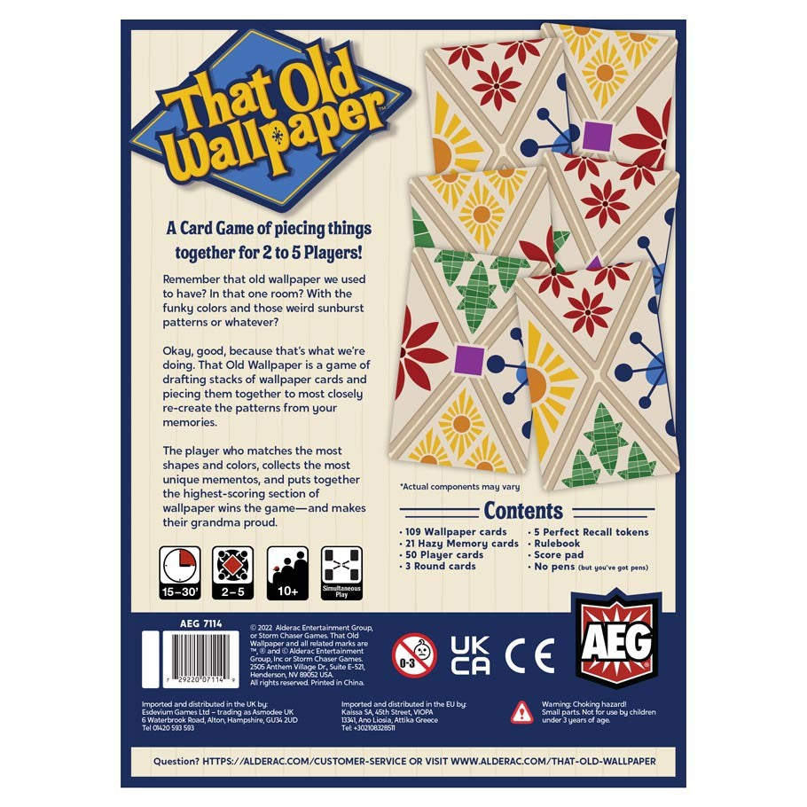 That Old Wallpaper - Back of That Old Wallpaper card game box with colorful geometric flower wallpaper patterns and game details.