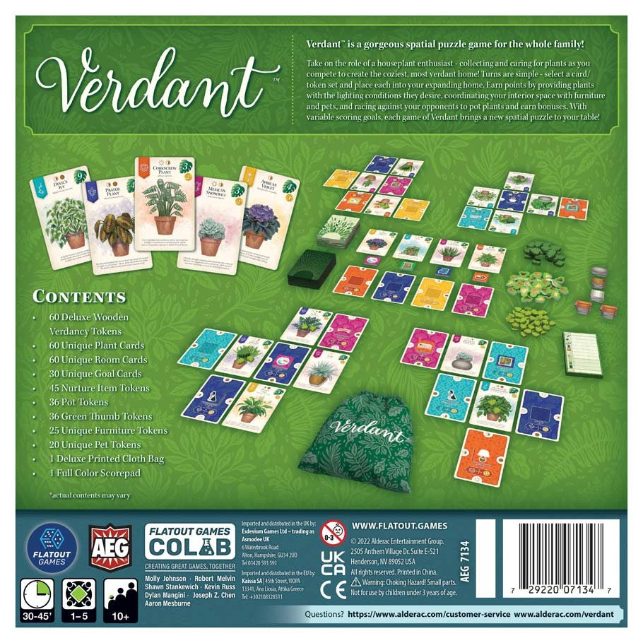 Verdant - Verdant board game setup with colorful leaf and nature-themed tiles, cards, and game pieces on a green playmat.