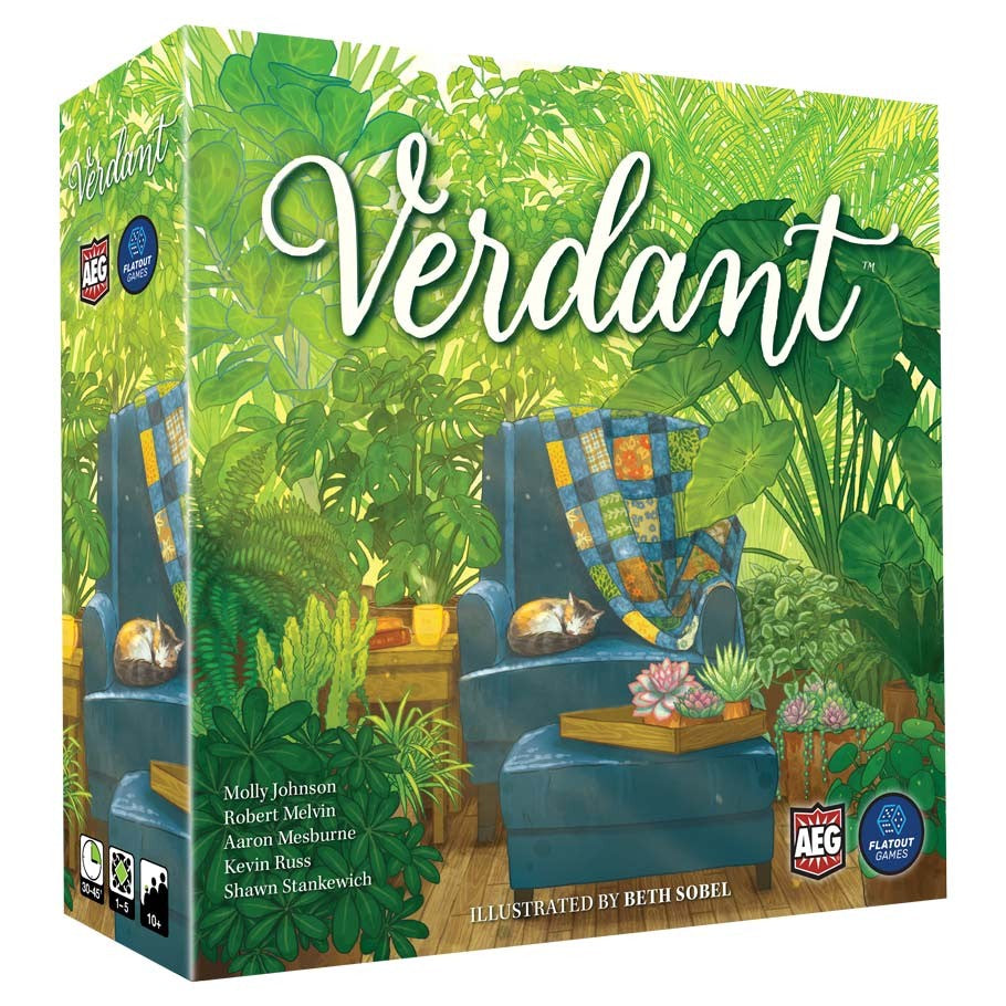 Verdant - Verdant board game box with lush green foliage background and colorful seating illustration.