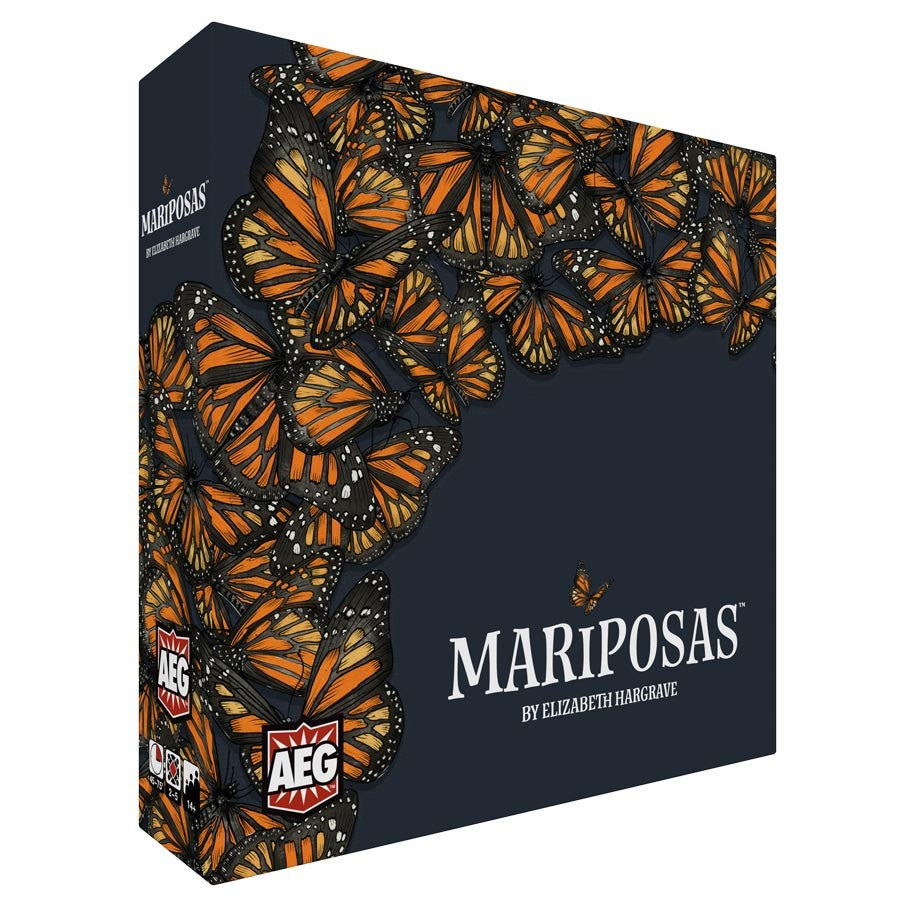 Mariposas - Dark blue Mariposas family board game box with clustered orange and black monarch butterflies design.