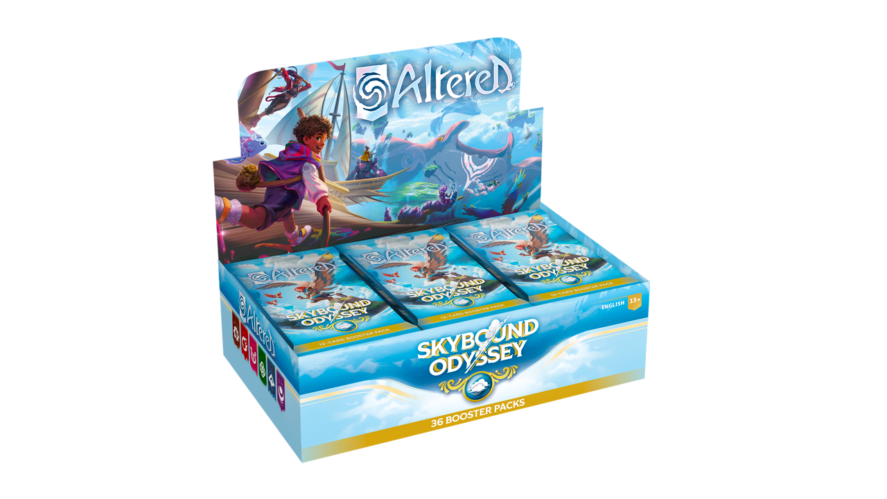 Altered: Skybound Odyssey Booster Box - Blue and yellow booster box with fantasy artwork featuring characters and flying creatures, labeled Altered Skybound Odyssey.