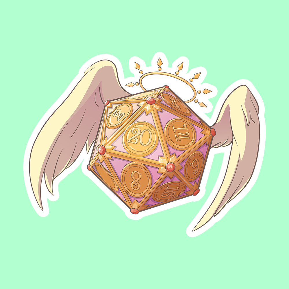 Angel D20 DnD Sticker - Purple and gold 20-sided die with angel wings and a halo on a mint green background.
