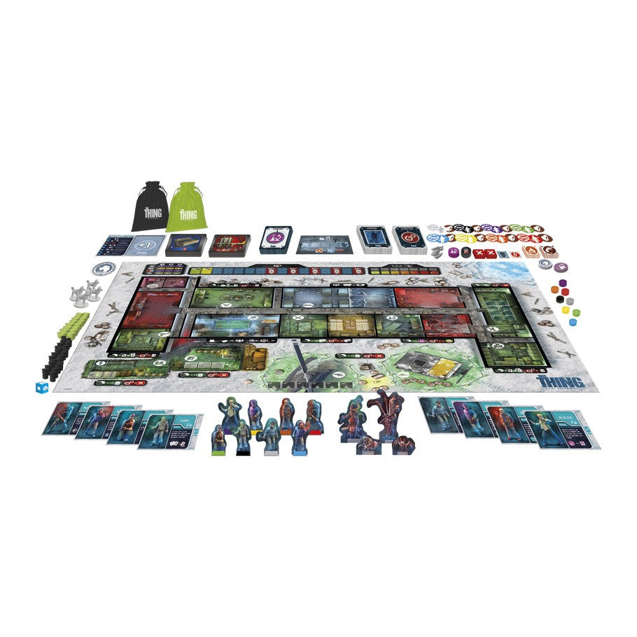 The Thing: The Boardgame - The Thing board game with modular map tiles, character miniatures, cards, tokens, and dice on white background.