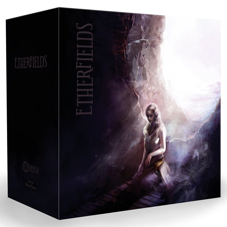 Etherfields Corebox - Dark Etherfields Corebox board game box with mystical artwork of a figure sitting near a glowing cliffside.