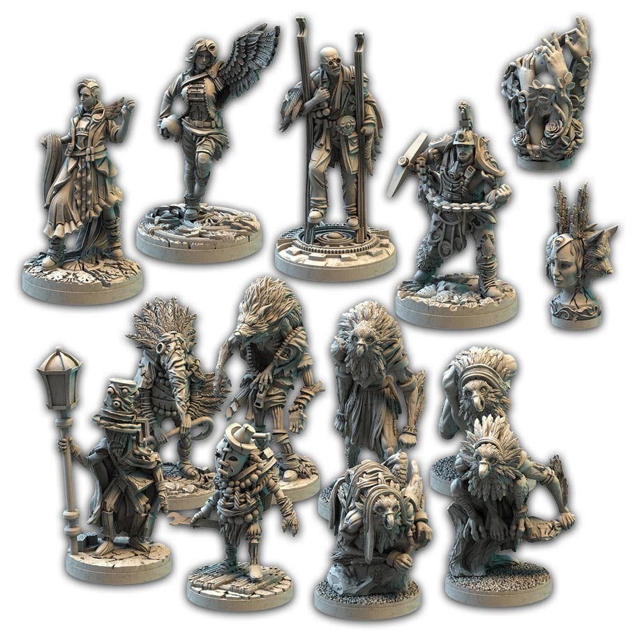 Etherfields Corebox - Intricately detailed fantasy miniatures featuring warriors, mages, and creatures in dynamic poses with a lamp post accessory.