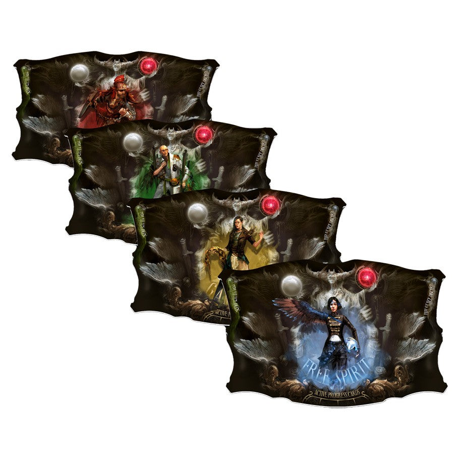 Etherfields Corebox - Four irregularly shaped dark game boards with fantasy character artwork in red, green, yellow, and blue tones, each.
