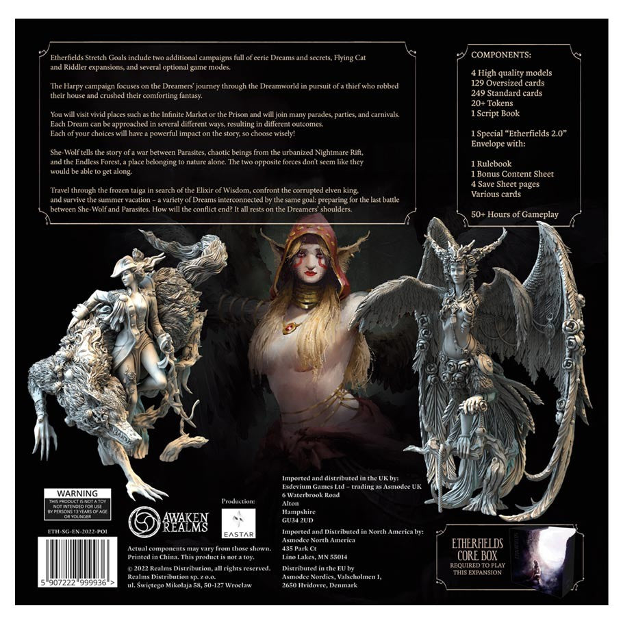 Etherfields: Stretch Goals - Etherfields Stretch Goals expansion with detailed fantasy miniature sculptures and box art featuring a fantasy character and .