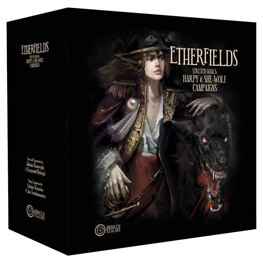 Etherfields: Stretch Goals - Etherfields board game expansion box featuring a woman in fantasy attire and a snarling black wolf.