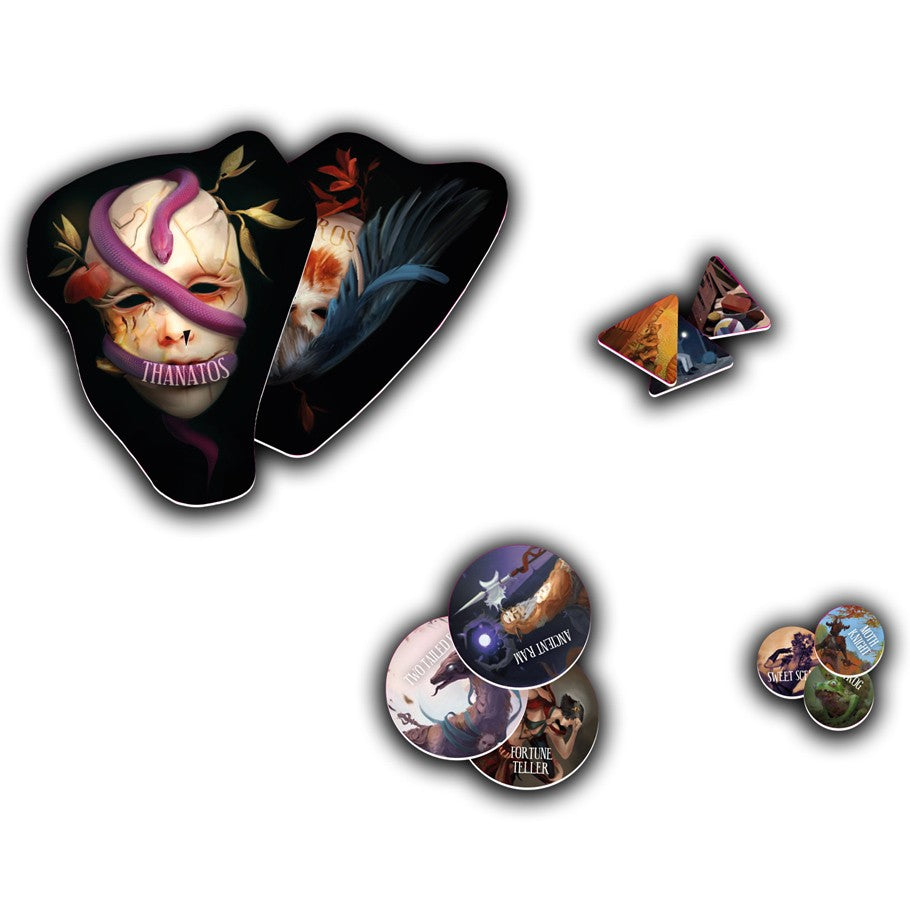 Etherfields: Stretch Goals - Stretch Goals game tokens featuring dark fantasy artwork with mysterious, vivid designs.