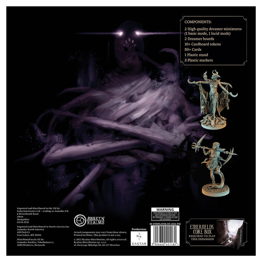 Etherfields: 5th player Expansion - Etherfields 5th player expansion box with dark fantasy artwork and detailed character miniatures on bases.