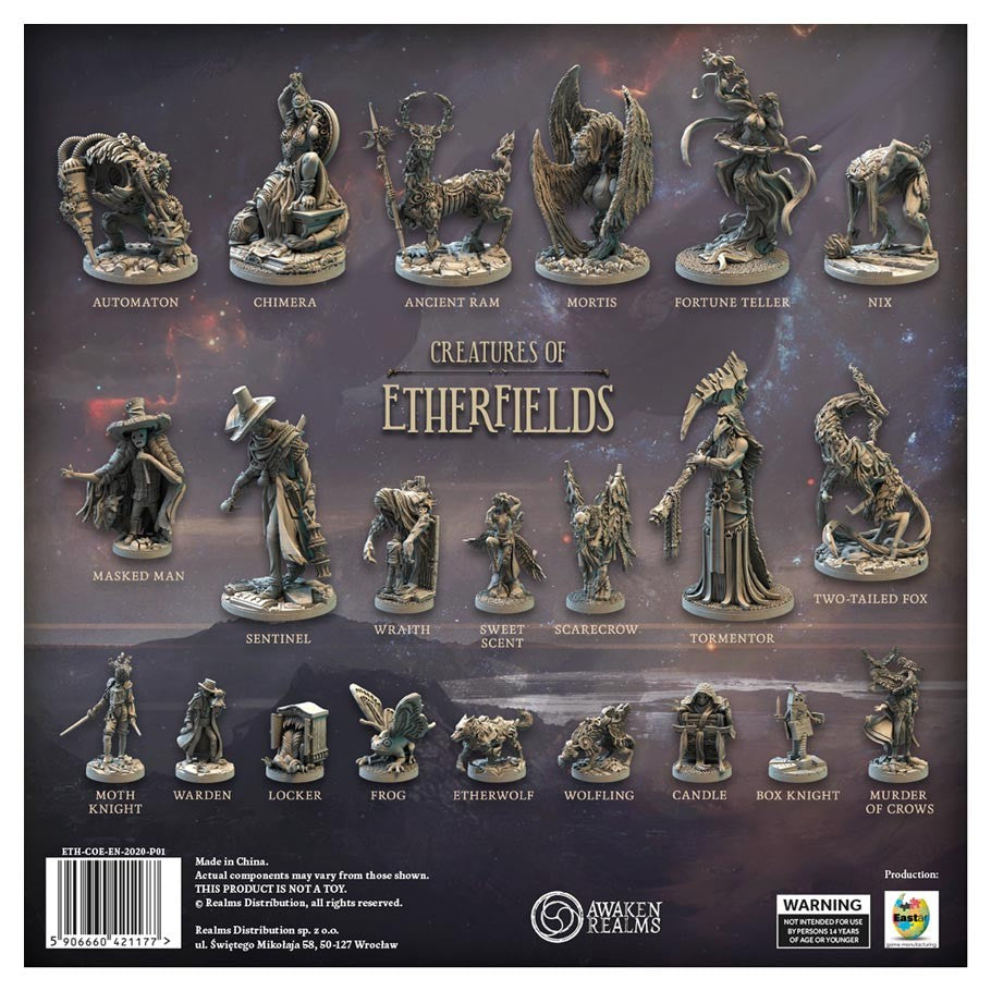 Etherfields: Creatures of Etherfields - Creatures of Etherfields game box featuring detailed miniature figures of mythical and fantasy creatures arranged on a dark.