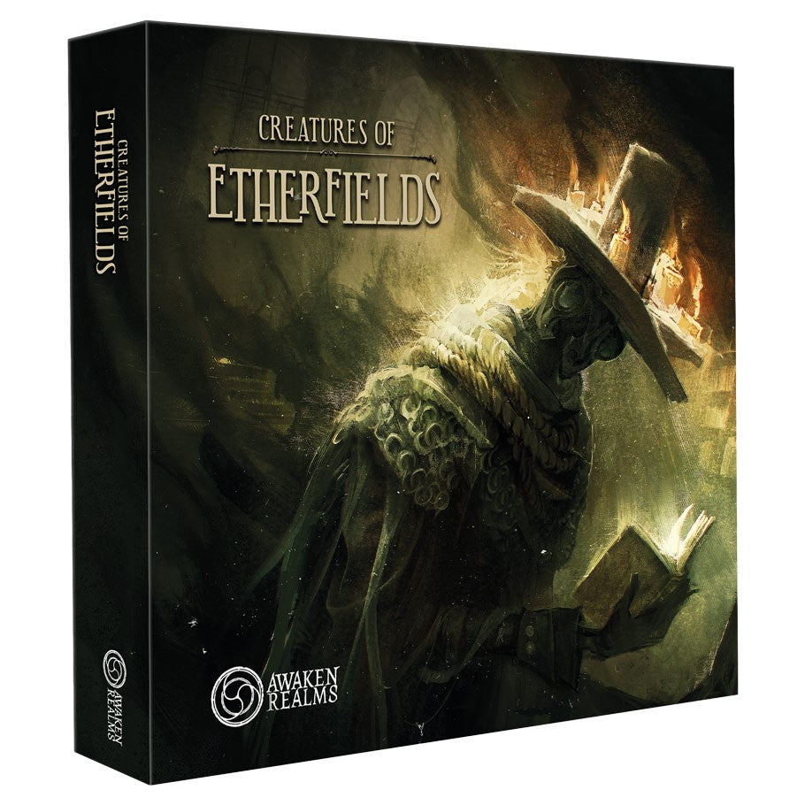 Etherfields: Creatures of Etherfields - Creatures of Etherfields board game box featuring a mysterious cloaked figure in a hat with dark, moody fantasy artwork.