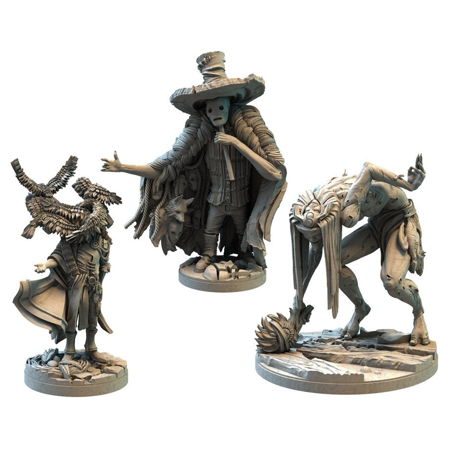 Etherfields: Creatures of Etherfields - Three detailed gray resin miniatures with fantasy creature designs, featuring a horned beast, a cloaked figure with a.