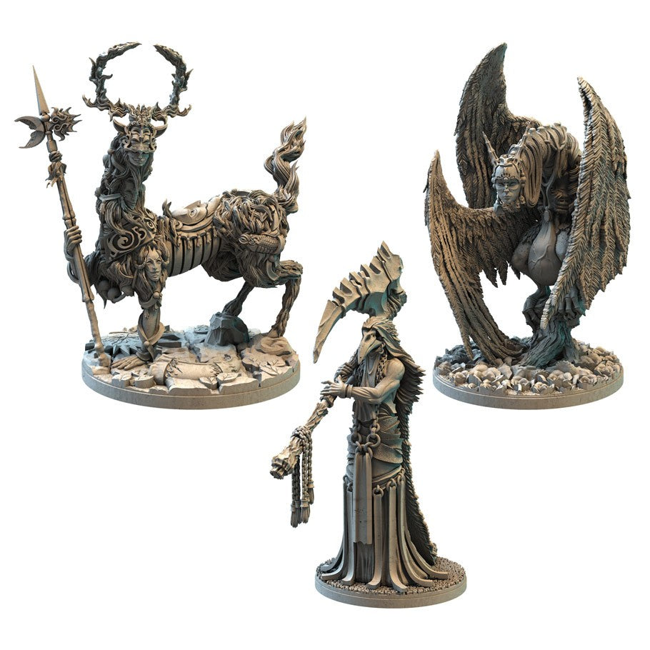 Etherfields: Creatures of Etherfields - A stag centaur with armor and spear, a winged humanoid with large feathered wings, and a robed figure holding a key-like.