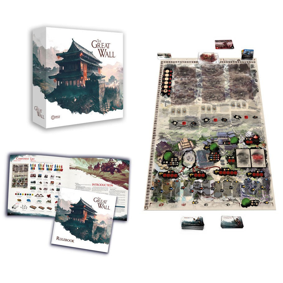 The Great Wall - The Great Wall board game box, detailed game board with tokens, cards, and illustrated rulebooks arranged on a white surface.
