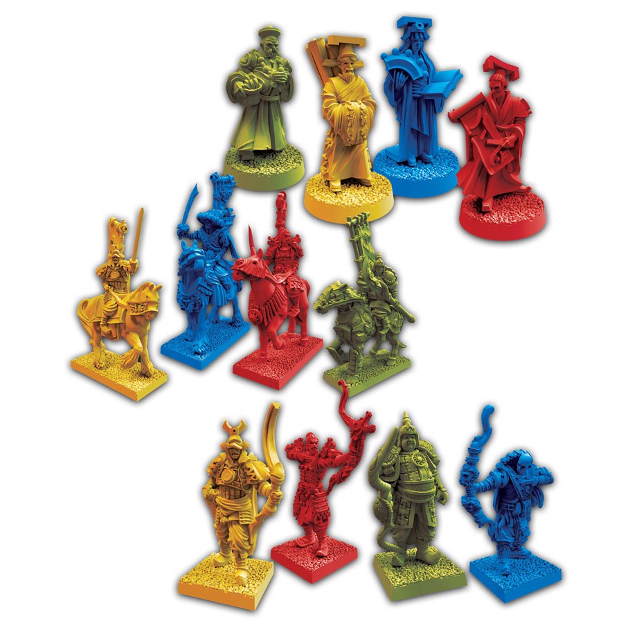 The Great Wall - Colorful plastic game tokens shaped as detailed historical warriors in green, yellow, blue, red, and orange.