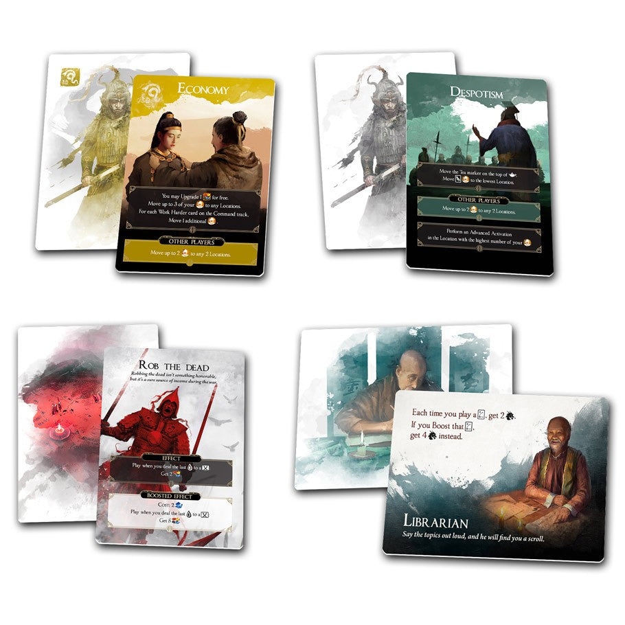 The Great Wall - Four illustrated strategy game cards featuring characters and action text from The Great Wall cooperative game, each with.