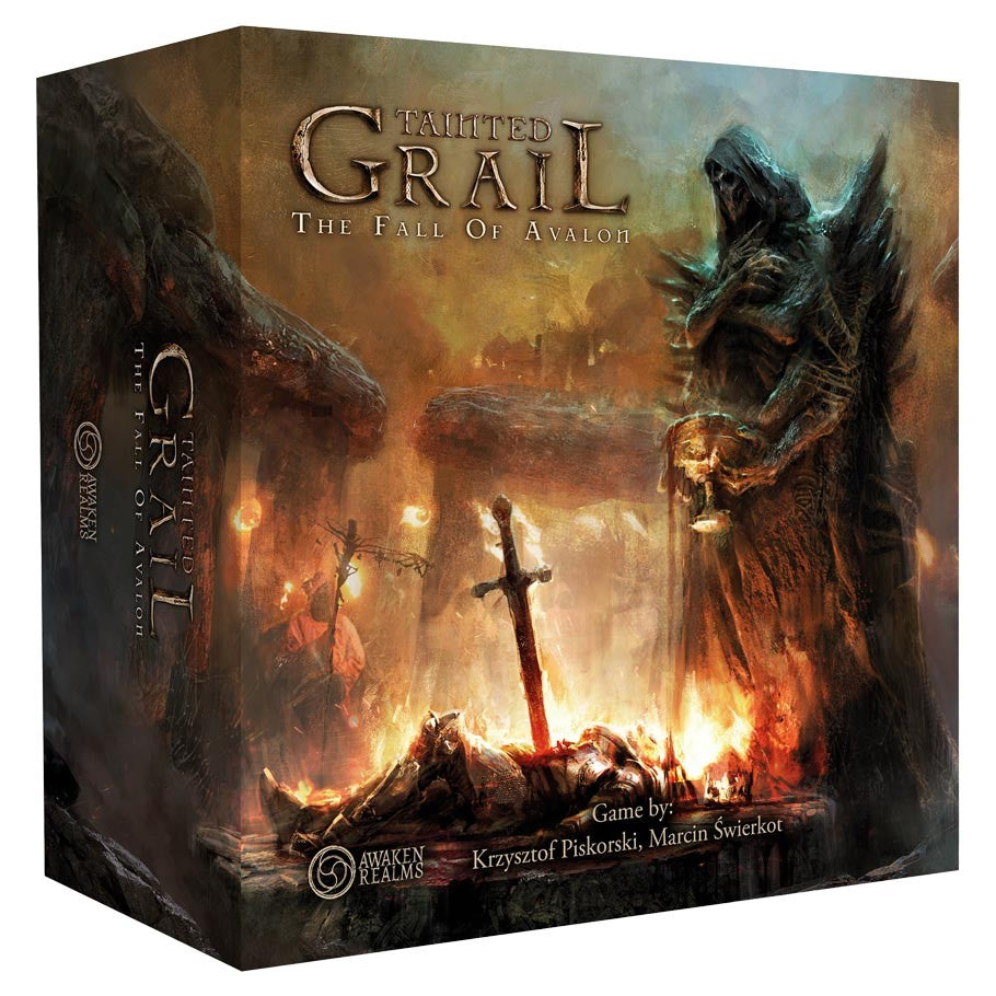 Tainted Grail - Tainted Grail board game box with dark fantasy art featuring a glowing sword stuck in a stone and a cloaked figure holding a .