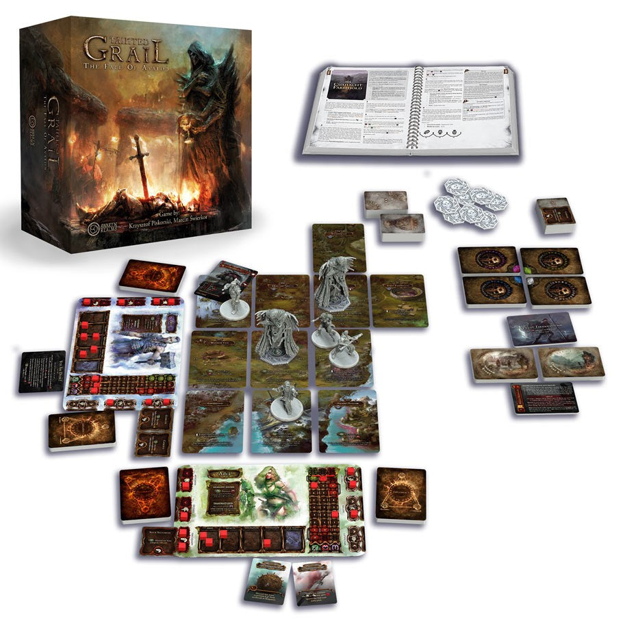 Tainted Grail - Tainted Grail board game with detailed tiles, thematic cards, tokens, miniatures, and rulebook.