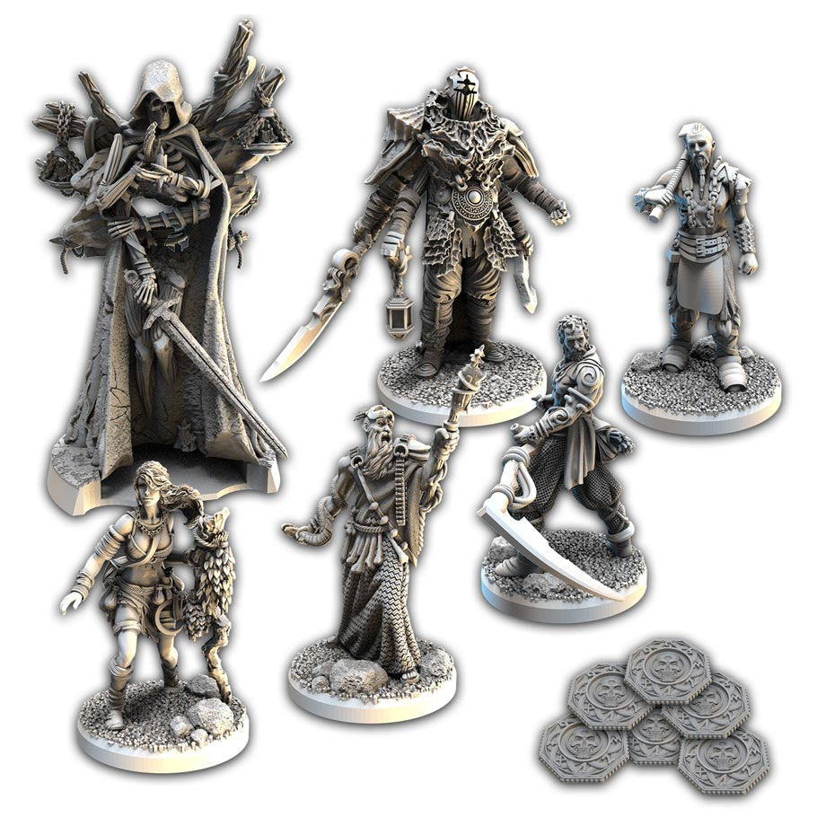 Tainted Grail - Set of six intricately detailed grey resin fantasy miniatures featuring armored warriors and mystical figures, with seven.
