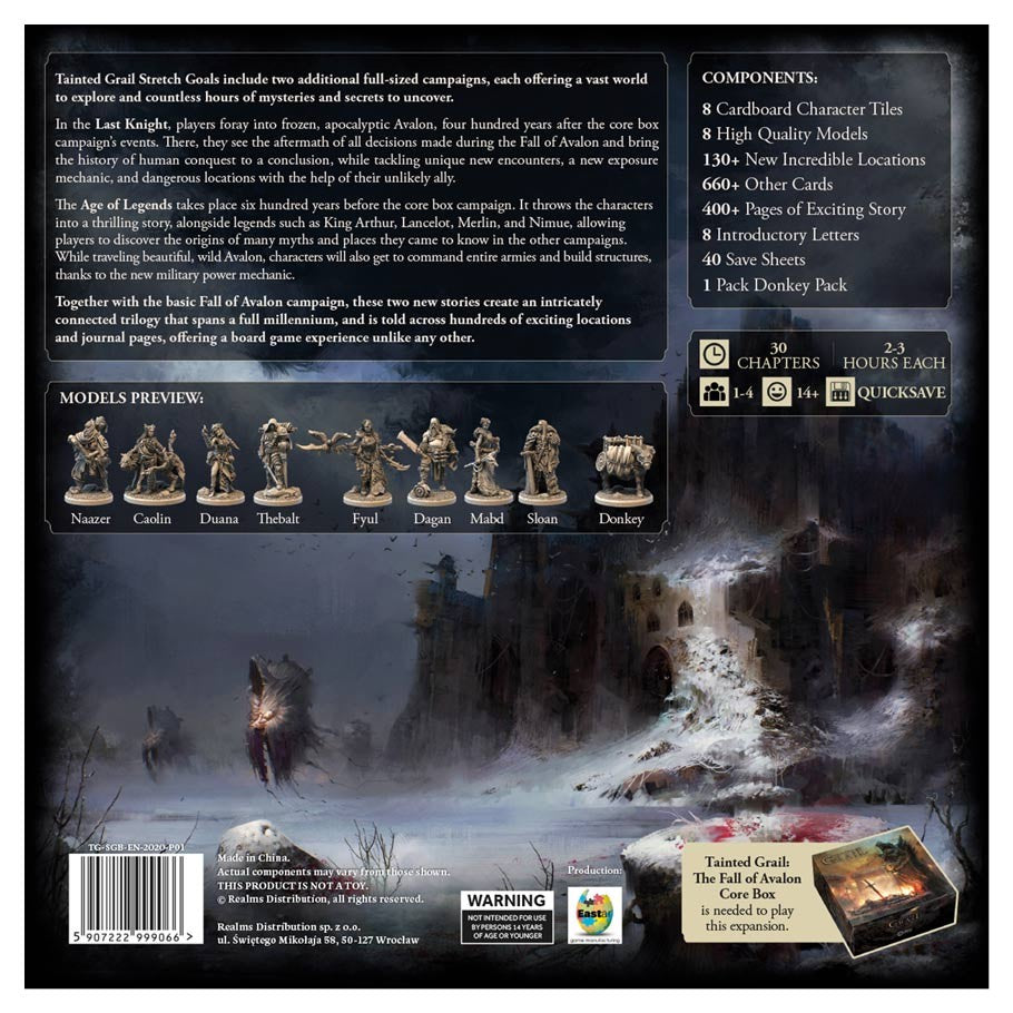 Tainted Grail: Stretch Goals - Dark fantasy-themed game expansion box with miniatures, cards, and illustrated components for Tainted Grail campaign.