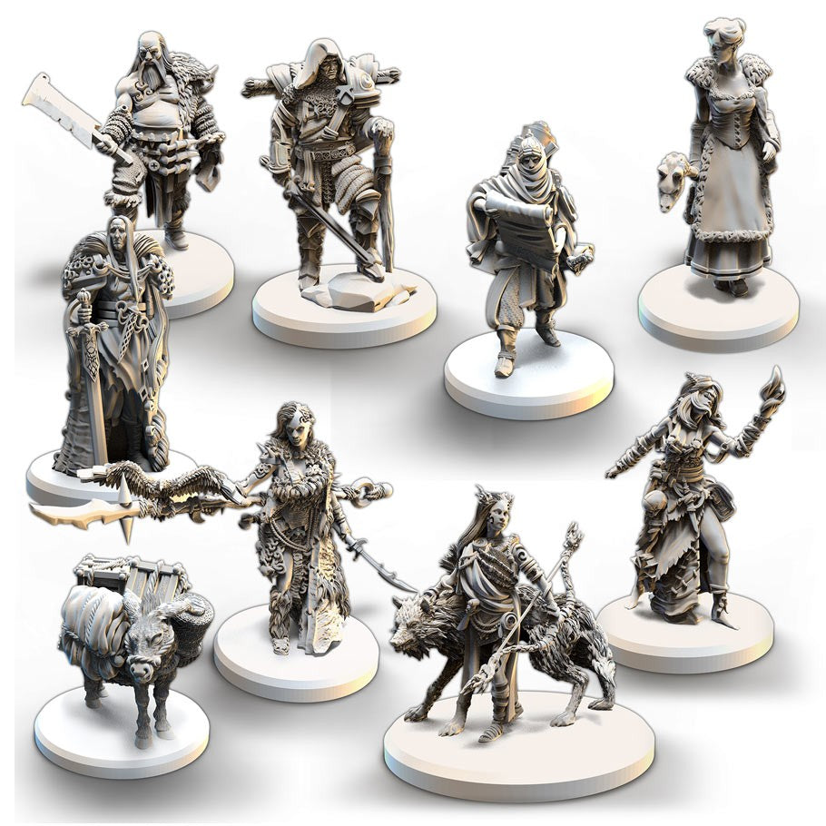 Tainted Grail: Stretch Goals - Nine detailed gray plastic fantasy miniatures including armored warriors, a hooded figure, a cloaked mage, and a pig with a.
