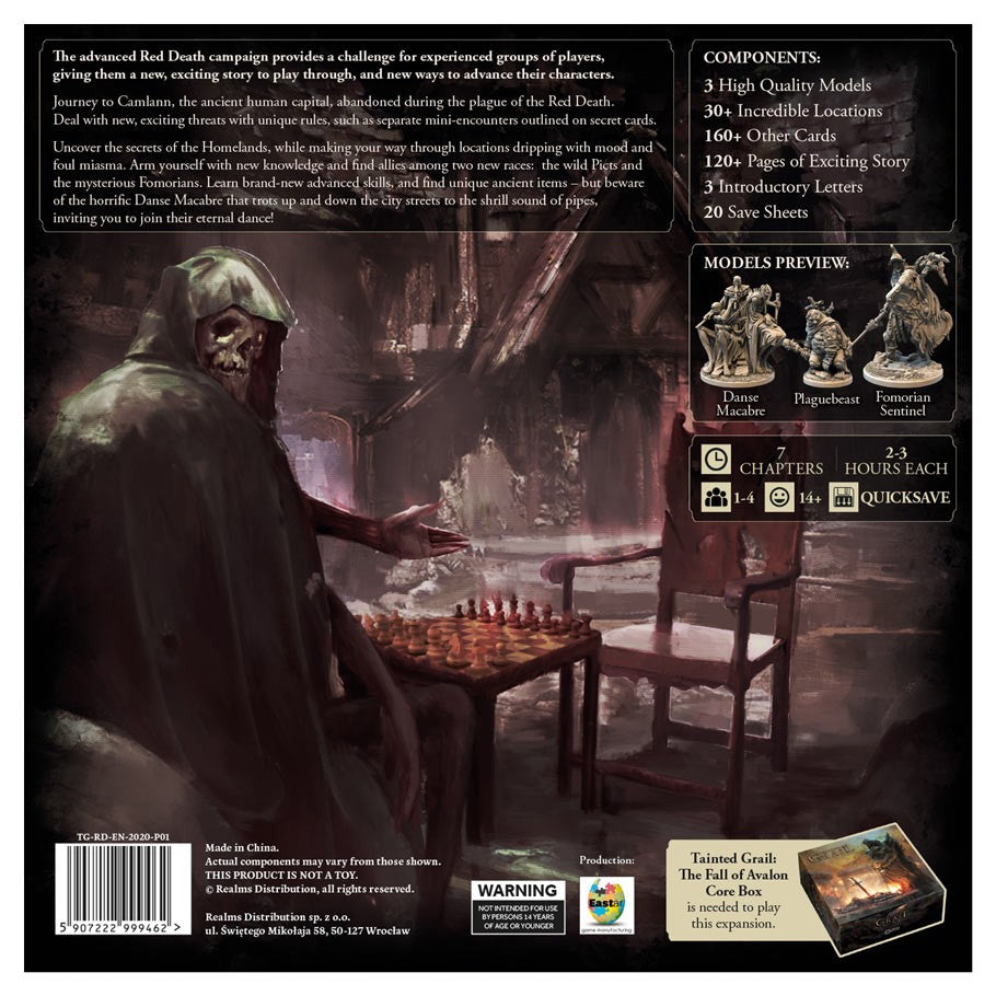 Tainted Grail: Red Death Expansion - Dark fantasy board game expansion box showing a cloaked figure playing chess in a dimly lit room with a candle and stone.