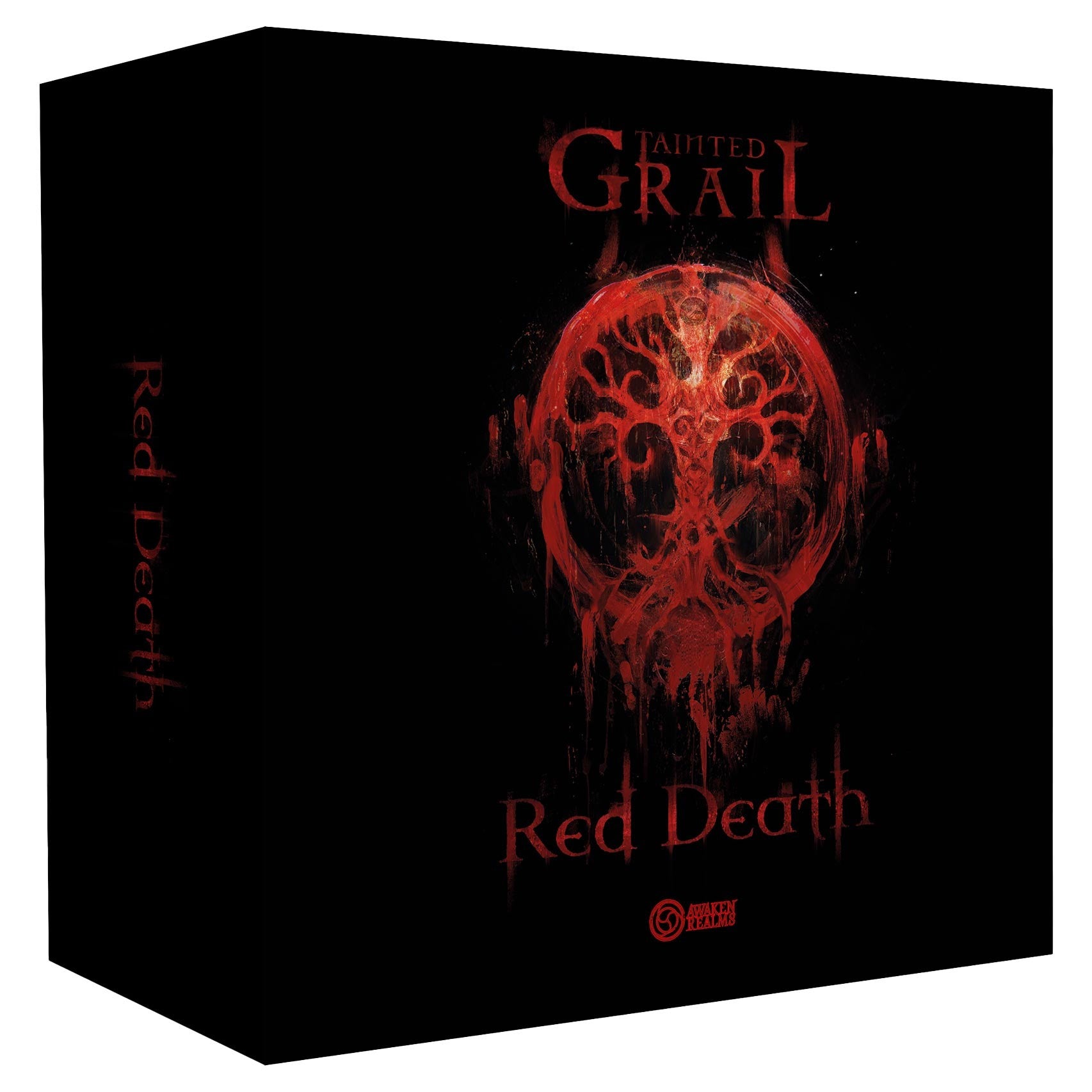 Tainted Grail: Red Death Expansion - Black box with red dripping tree emblem and red text reading "Tainted Grail Red Death" on front and side.