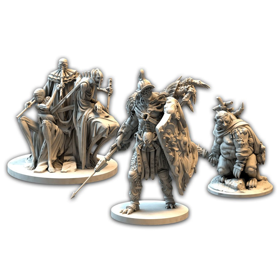 Tainted Grail: Red Death Expansion - Four detailed gray plastic miniatures featuring fantasy warriors and creatures for board game expansion.