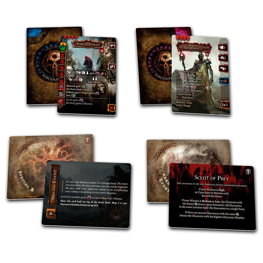 Tainted Grail: Red Death Expansion - Red Death Expansion featuring dark fantasy artwork and thematic text on a brown and red background.