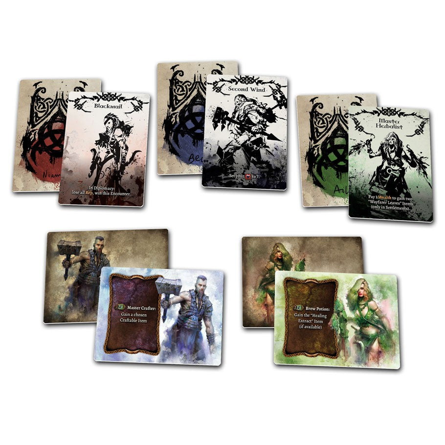 Tainted Grail: Echoes of the Past Expansion - Echoes of the Past expansion featuring dark fantasy art in muted colors with black ornate borders and thematic character.
