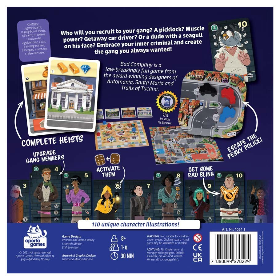 Bad Company - Bad Company board game box back showing game details, character illustrations, and gameplay features.