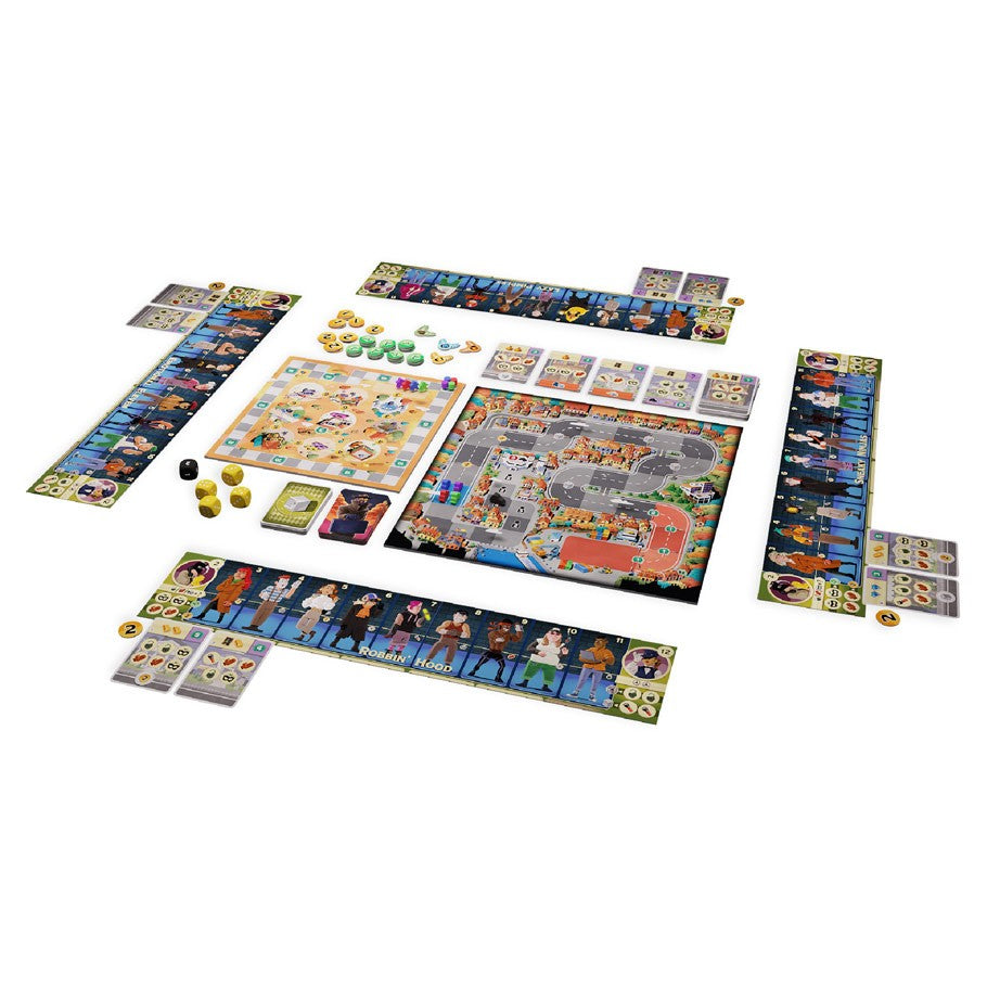 Bad Company - Colorful board game setup with detailed illustrated boards, cards, dice, and player boards arranged for play.