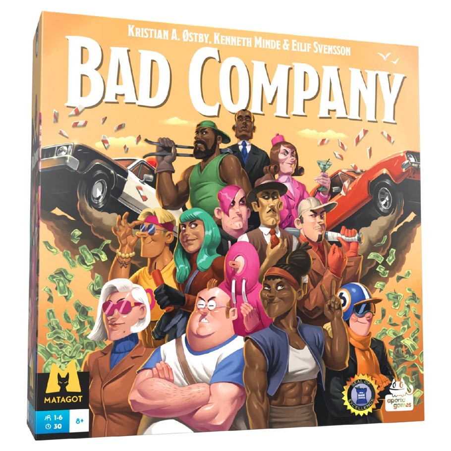 Bad Company - Bad Company board game box featuring diverse cartoon characters and flying money on orange background.