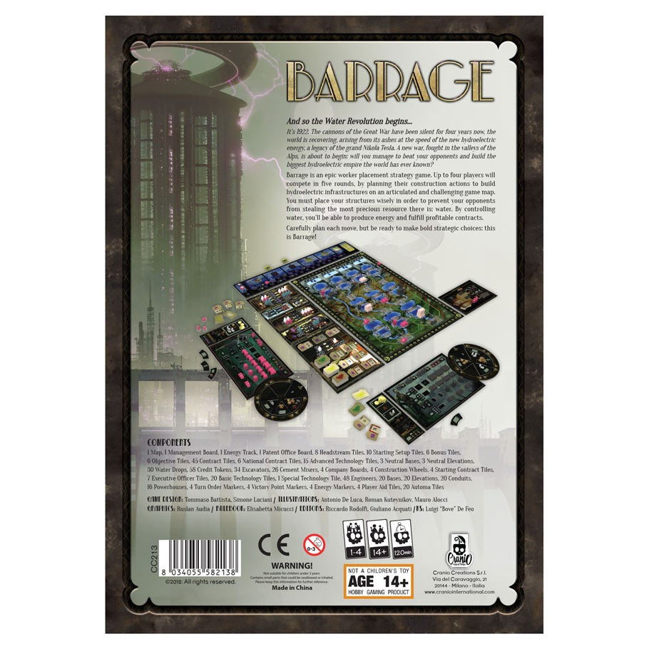 Barrage - Barrage board game box back showing game overview, components, and setup with cards, tokens, and boards on dark background.