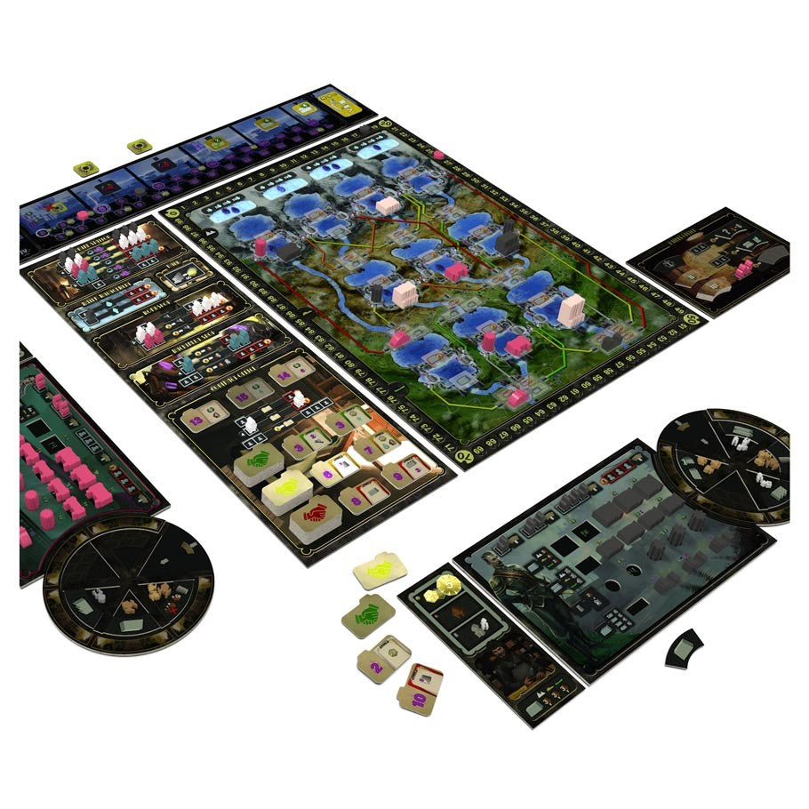 Barrage - Board game set featuring a large map board with blue and green water and land, multiple player boards with grids and icons,.