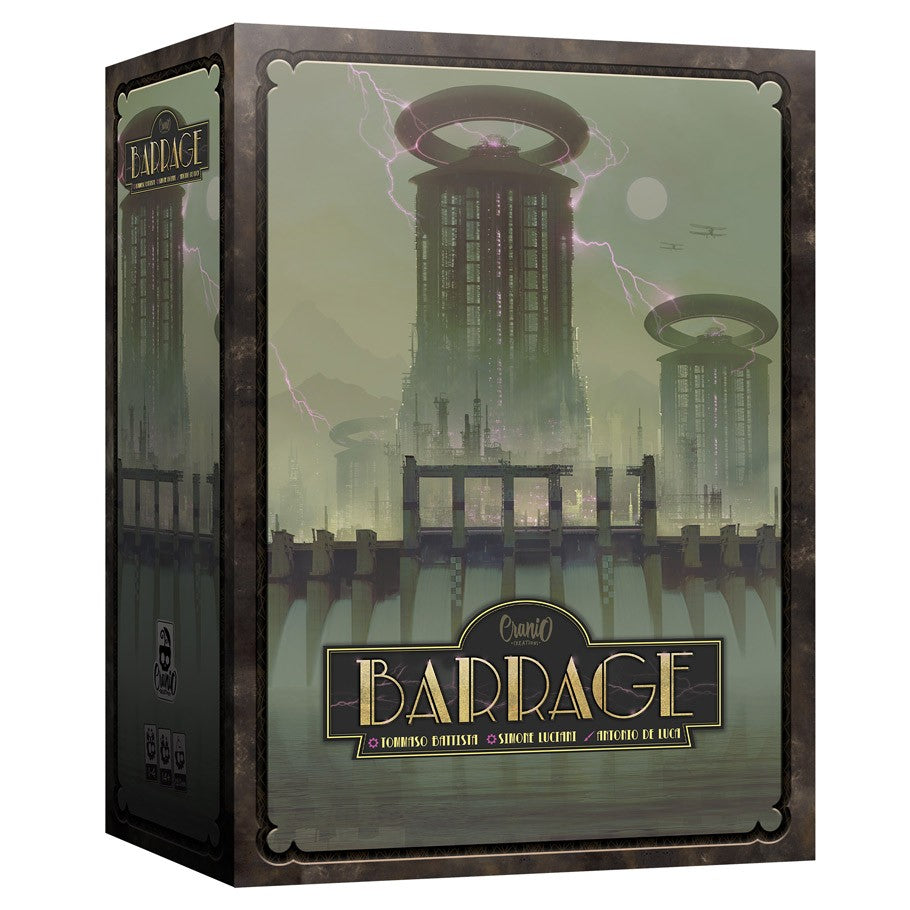 Barrage - Barrage board game box with industrial towers and lightning in a foggy, greenish background.