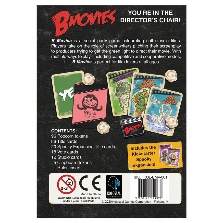 B-Movies - B-Movies party game box with colorful vintage-style movie cards, die, tokens, and rule sheet displayed on black background.