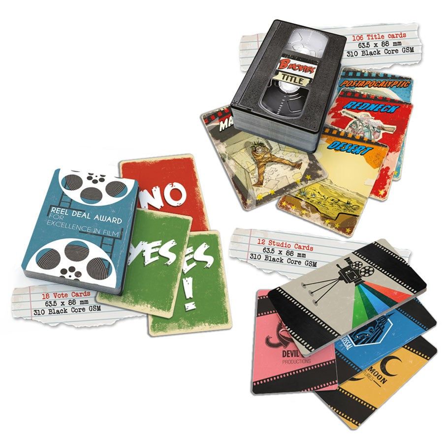 B-Movies - B-Movies party game with cards, VHS tape, and colorful game pieces on white surface.