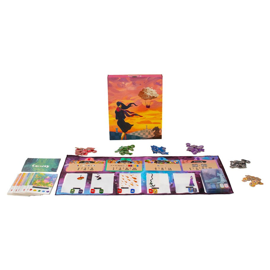 Canvas - Canvas board game with colorful character cards, scoring chart, and game box featuring a silhouette woman and sunset sky.