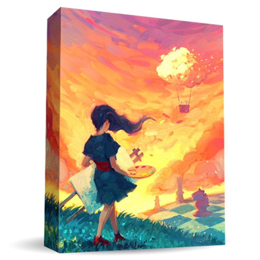 Canvas - Canvas board game box featuring a colorful painting of a girl holding a palette and paintbrush against a vibrant sunset.