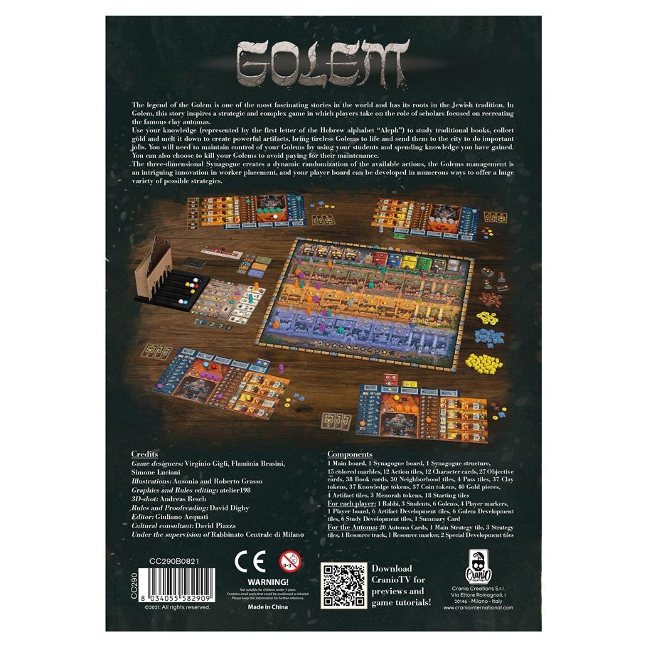 Golem - Board game setup featuring a detailed strategy game with colorful modular boards, resource tokens, cards, and player mats on