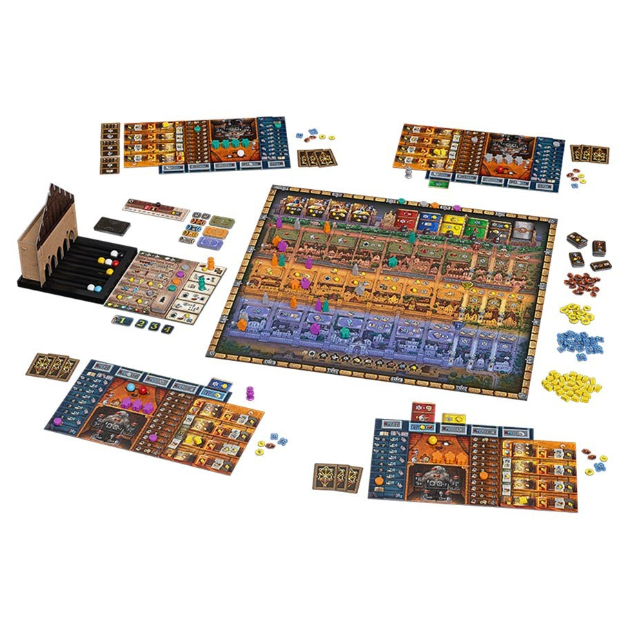 Golem - Strategy board game with colorful modular tiles, player boards, and various tokens arranged for gameplay.