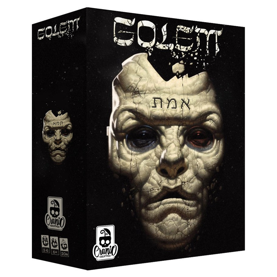 Golem - Golem strategy game box featuring a cracked stone golem face with glowing eyes and ancient script on forehead.