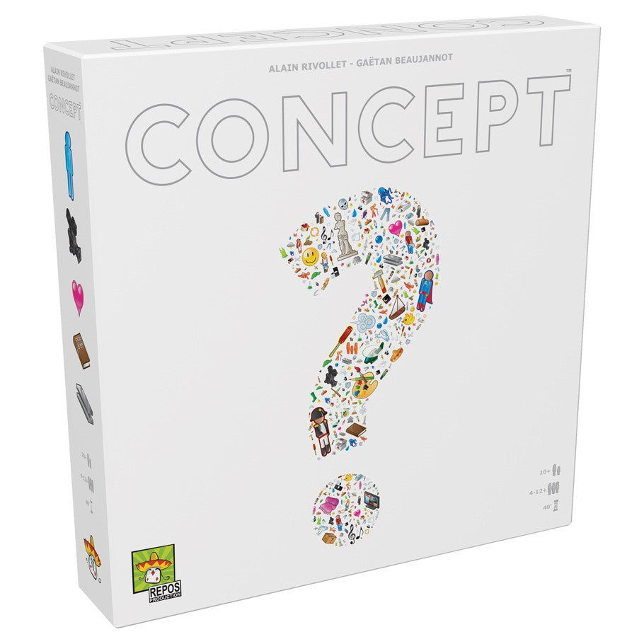Concept - Concept board game box with large colorful question mark made of icons on white background.