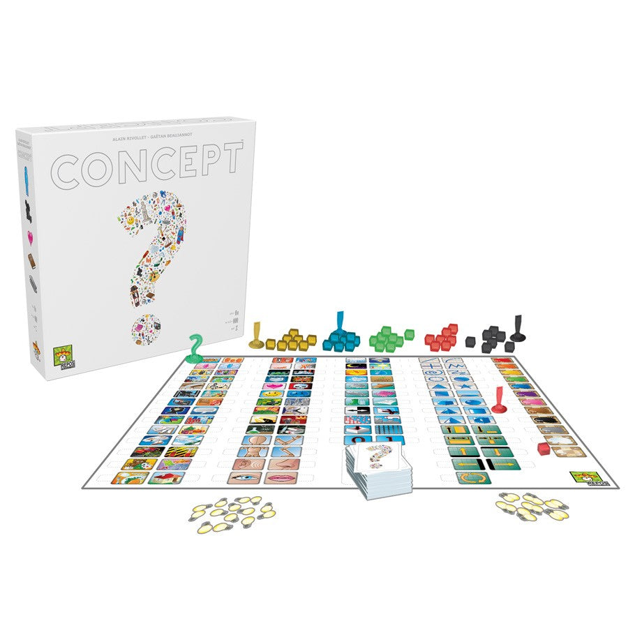Concept - Concept board game with colorful player pieces, cards, chips, and question mark-themed box.