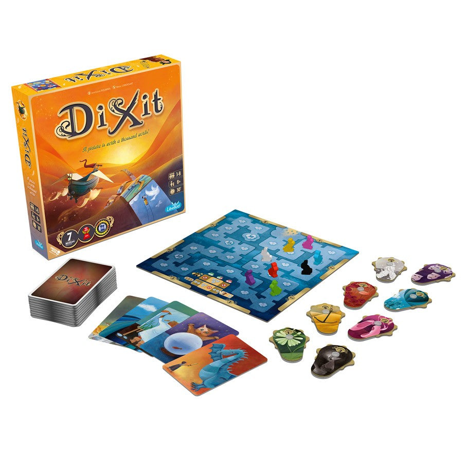 Dixit - Dixit board game with colorful character tokens, illustrated cards, and orange box packaging.