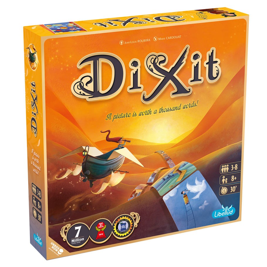 Dixit - Dixit board game box with vibrant orange background and whimsical flying characters illustration.