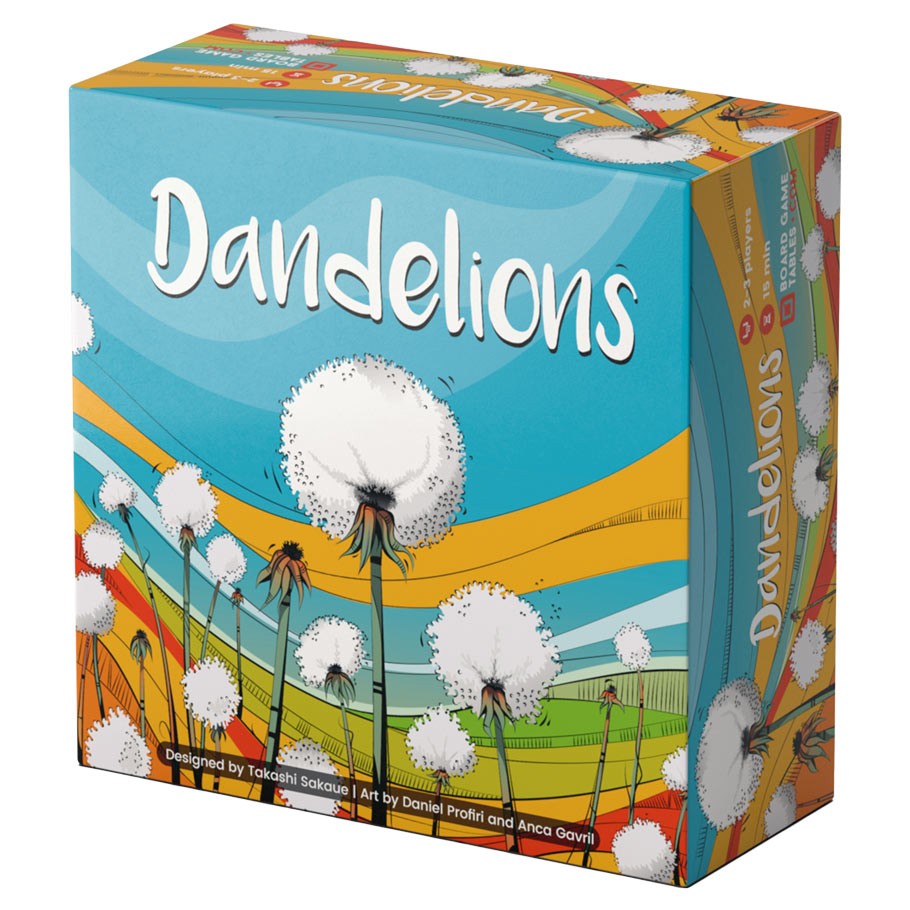 Dandelions - Colorful board game box with large white dandelion illustrations and blue, orange, and green background designs.
